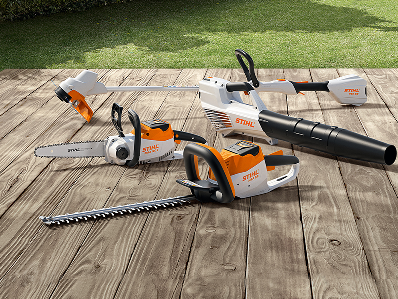 Безжична моторна пила STIHL MSA 120 C, тример за трева STIHL FSA 57, тример за жива ограда STIHL HSA 56, дувалка STIHL BGA 56