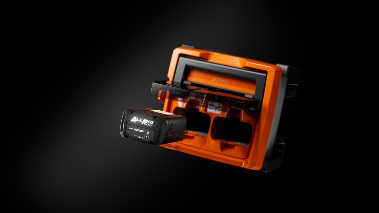 STIHL ALLPRO брз полнач AL 1802 MO со вметната и делумно извадена ALLPRO батерија AP 300.0 P(C).